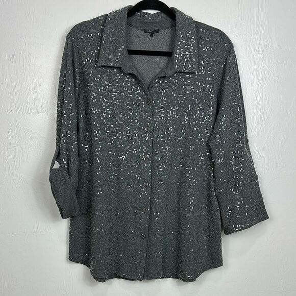 Pure Amici Gray Cotton Blend Sequined Button Down Shirt Size XL - Picture 1 of 10